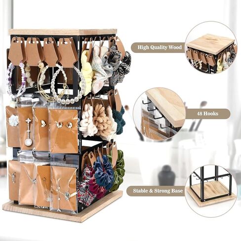 منظم حامل القرط من JuneHeart، حامل عرض القرط المعدني مع قاعدة خشبية 48 خطافًا منظم القرط للقلائد والأقراط وعرض المجوهرات القابلة للدوران للنساء والفتيات والبائعين in Kuwait