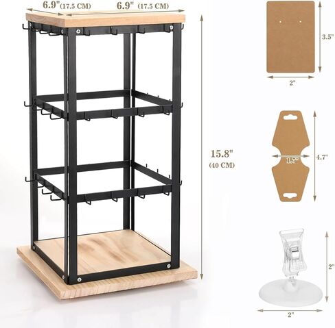 منظم حامل القرط من JuneHeart، حامل عرض القرط المعدني مع قاعدة خشبية 48 خطافًا منظم القرط للقلائد والأقراط وعرض المجوهرات القابلة للدوران للنساء والفتيات والبائعين in Kuwait