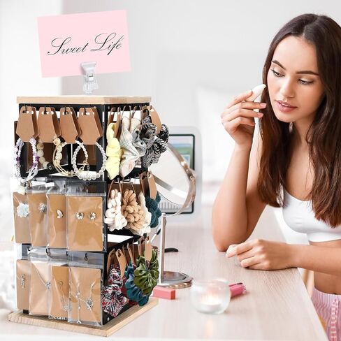 منظم حامل القرط من JuneHeart، حامل عرض القرط المعدني مع قاعدة خشبية 48 خطافًا منظم القرط للقلائد والأقراط وعرض المجوهرات القابلة للدوران للنساء والفتيات والبائعين in Kuwait