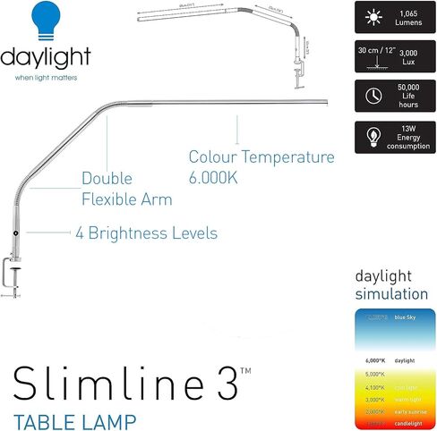 Daylight Company, LLC U35108 Slimline 3 Table Lamp-LED-80 CRI-Eye Care-4 Brightness Levels, 3,000 LUX at 30 cm, 1,065 LUMENS-4 Step DIMMER Mode, Brushed Steel, 25.6 x 30 x .8 in Saudi Arabia