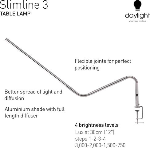 Daylight Company, LLC U35108 Slimline 3 Table Lamp-LED-80 CRI-Eye Care-4 Brightness Levels, 3,000 LUX at 30 cm, 1,065 LUMENS-4 Step DIMMER Mode, Brushed Steel, 25.6 x 30 x .8 in Saudi Arabia