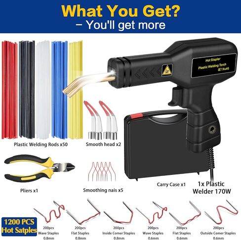 𝟏𝟕𝟎𝗪 Plastic Welder with 6 Types 1205pcs Staples,Upgraded Version 4-in-1 Plastic Welding Kit Car Bumper Repair Kit,Plastic Welder Gun with Smoothing Head for Car Bumper Kayaks Crack Repairs (Red) in Kuwait