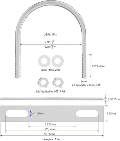 FOCMKEAS 4 Sets 304 Stainless Steel Round Bend U-Bolts 4.02"(102mm) Inner Width 5.35"(136mm) Length M10 with Nuts, Frame Plate, Washers, Accessories for Boat Trailer Axle Sailboat Trailer in Saudi Arabia
