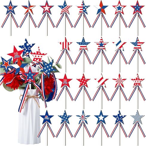Yuxung 24 Pcs 4th of July Star Picks 7.9 inch Wood Patriotic Picks Red White and Blue Patriotic Decor for Memorial Day Independence Day Table Centerpiece Decoration Vase Crafts Stems Arrangement in Saudi Arabia