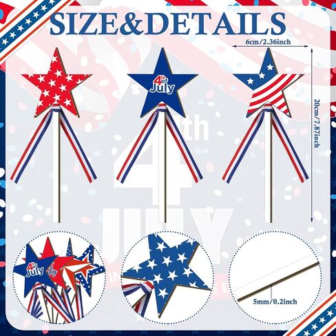 Yuxung 24 Pcs 4th of July Star Picks 7.9 inch Wood Patriotic Picks Red White and Blue Patriotic Decor for Memorial Day Independence Day Table Centerpiece Decoration Vase Crafts Stems Arrangement in Saudi Arabia