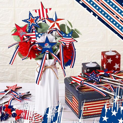 Yuxung 24 Pcs 4th of July Star Picks 7.9 inch Wood Patriotic Picks Red White and Blue Patriotic Decor for Memorial Day Independence Day Table Centerpiece Decoration Vase Crafts Stems Arrangement in Saudi Arabia