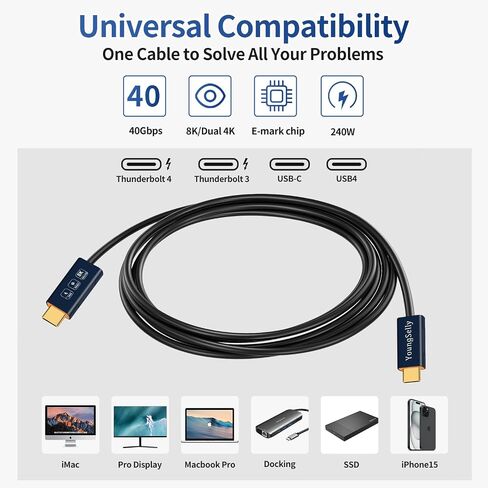 كابل USB C من YoungSelly أنثى إلى ذكر بطول 1.64 قدم، متوافق مع Thunderbolt 4/3، USB4/3، يدعم الشحن السريع بقوة 240 واط (48 فولت/5 أمبير كحد أقصى)، ونقل البيانات بسرعة 40 جيجابت في الثانية، وشاشة 8K، وشاشة مزدوجة 4K. in Kuwait