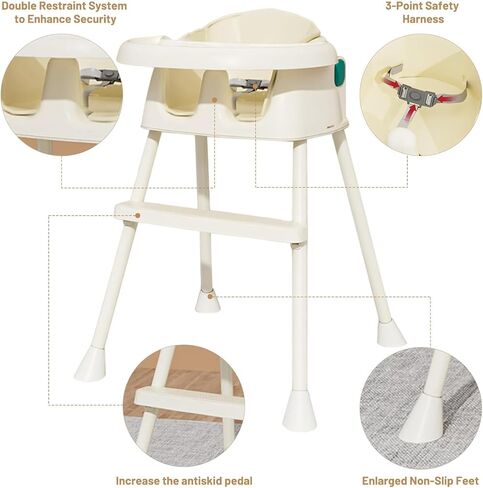 كرسي مرتفع للأطفال، كرسي مرتفع محمول 3 في 1 للرضع والأطفال الصغار مزود بصينية ومسند للقدمين، كرسي مرتفع للأطفال، كرسي تغذية للأطفال مزود بحزام 3 نقاط، بيج in Kuwait