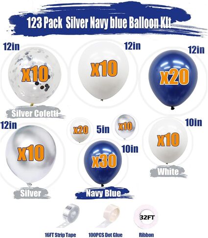 طقم بالونات على شكل قوس باللون الأزرق الداكن والفضي، 124 بالونة ذات قصاصات بيضاء باللون الفضي الداكن مع ملحقات بالونات للتخرج وحفلات استقبال المولود الجديد وحفلات أعياد الميلاد in Kuwait