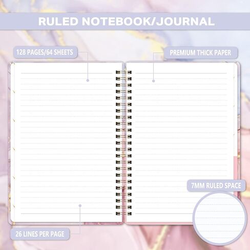 Spiral Notebook/Journal - Lined Notebook/Journal with Premium Thick Paper, 6.3" x 8.4", Twin-Wire Binding, Elastic Closure, Inner Pocket, 128 Pages/64 Sheets, Perfect for College, Office, Home in Kuwait