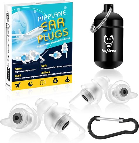 Softvox Ear Plugs for Airplane Ear Pressure Relief 2 Pairs, Prevent Ear Pain & Reduce Noise 25dB, Airplane Travel Essentials, 100x Reusable Fly Earplugs for Adult/Kids 12+, 2 Sizes Fit All Ear Canal in Saudi Arabia