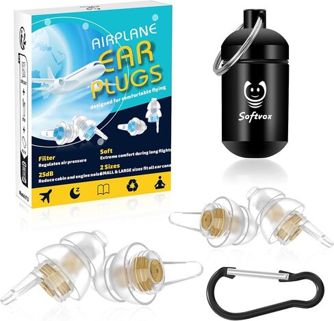 Softvox Ear Plugs for Airplane Ear Pressure Relief 2 Pairs, Prevent Ear Pain & Reduce Noise 25dB, Airplane Travel Essentials, 100x Reusable Fly Earplugs for Adult/Kids 12+, 2 Sizes Fit All Ear Canal in Saudi Arabia