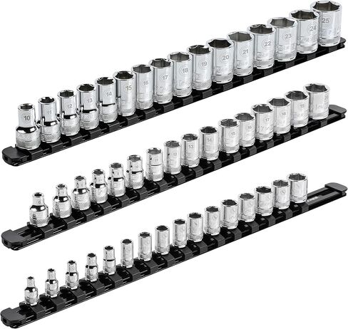 ARES 60126-3-Piece Green 17-Inch Aluminum Socket Rail Set with Locking End Caps - Includes 1/4-Inch, 3/8-Inch, and 1/2-Inch Drive Rails - Each Aluminum Rail Stores up to 16 Sockets in Saudi Arabia