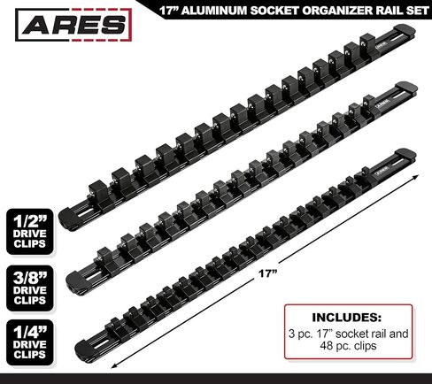 ARES 60126-3-Piece Green 17-Inch Aluminum Socket Rail Set with Locking End Caps - Includes 1/4-Inch, 3/8-Inch, and 1/2-Inch Drive Rails - Each Aluminum Rail Stores up to 16 Sockets in Saudi Arabia