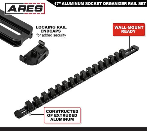 ARES 60126-3-Piece Green 17-Inch Aluminum Socket Rail Set with Locking End Caps - Includes 1/4-Inch, 3/8-Inch, and 1/2-Inch Drive Rails - Each Aluminum Rail Stores up to 16 Sockets in Saudi Arabia