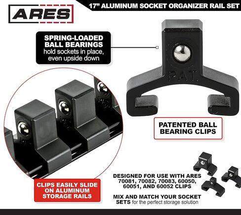 ARES 60126-3-Piece Green 17-Inch Aluminum Socket Rail Set with Locking End Caps - Includes 1/4-Inch, 3/8-Inch, and 1/2-Inch Drive Rails - Each Aluminum Rail Stores up to 16 Sockets in Saudi Arabia