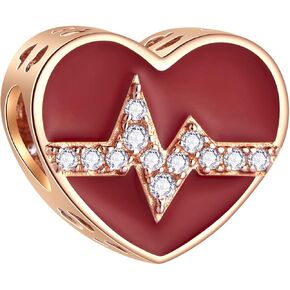 Rose Gold Heartbeat Electrocardiogram CZ Charms, fits Pandora Valentines Bracelet, 925 Sterling Silver Red Enamel I Love You Heart Beating ECG Beads, Gifts for Lover in Saudi Arabia