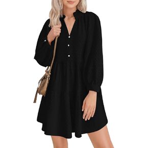 Lazysmile Dresses for Women Long Sleeve V Neck Button Down Ruffled Flowy Fall Casual Babydoll Tunic Dress in Kuwait