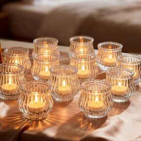 Glasseam Glass Tealight Candle Holder: 12 Pcs Ribbed Clear Votive Candle Holders Bulk for Wedding Centerpiece Christmas Table Decorations Party in Saudi Arabia