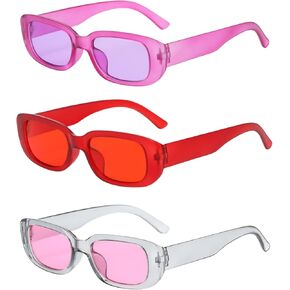 YAMIL'S Rectangle Sunglasses for Women Retro 90’s Vintage Fashion Narrow Square Frame UV400 Protection Pack of 3, Matte Purple,Matte Red,Gray Frame Pink in Saudi Arabia
