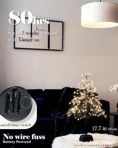 17.7 بوصة 250LED مصباح شجرة خرافية اصطناعية شجرة بونساي أضواء ديكور الغرفة جمالية تعمل بالبطارية مؤقت للهالوين ديكور أسود للمنزل والحفلات وغرفة النوم ورف الطاولة وتوهج أبيض دافئ in Saudi Arabia