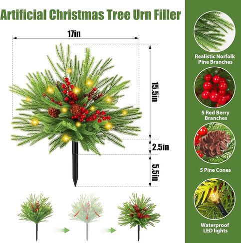 2 حزمة 24 "الصنوبر الاصطناعي نورفولك شجرة عيد الميلاد حشو جرة مع أضواء، مضاءة حشو زارع عيد الميلاد في الهواء الطلق مع مخاريط الصنوبر والتوت الأحمر للشرفة، جرة، حديقة، فناء وديكور عطلة in Kuwait