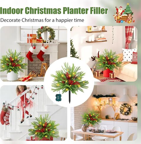 2 حزمة 24 "الصنوبر الاصطناعي نورفولك شجرة عيد الميلاد حشو جرة مع أضواء، مضاءة حشو زارع عيد الميلاد في الهواء الطلق مع مخاريط الصنوبر والتوت الأحمر للشرفة، جرة، حديقة، فناء وديكور عطلة in Kuwait