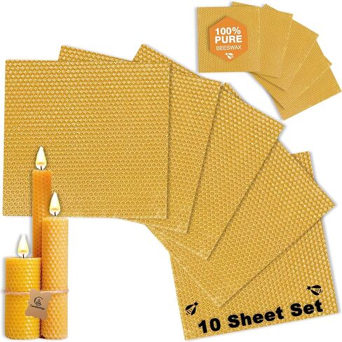 صفائح شمع العسل الطبيعية لصنع الشموع (حزمة 10 صفائح مع فتيل القطن) نغمة صفراء طبيعية - مجموعة شمعات شمع العسل DIY للأطفال والكبار in Kuwait