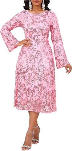 VERWIN Women's Elegant Floral Sequin Mesh Flare Long Sleeve Swing Cocktail Party A-Line Midi Dress in Saudi Arabia