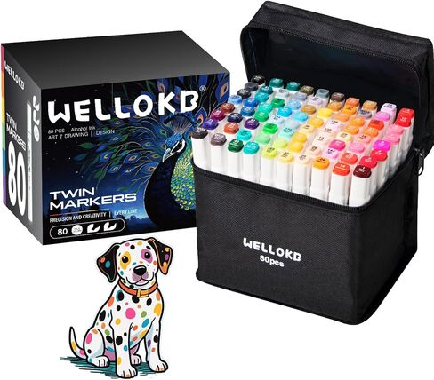 Alcohol Markers Set, 80 Colors Dual Tip Art Markers with Broad and Fine Tips for Adult Coloring Books, Drawing, Illustration, Sketching, No Bleed Ink Supplies in Kuwait