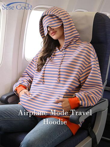 SeSe Code Hoodie With Eye Mask Striped Airplane Travel Womens Mens Oversized Sweatshirt Sleep Pullover Color Block in Saudi Arabia