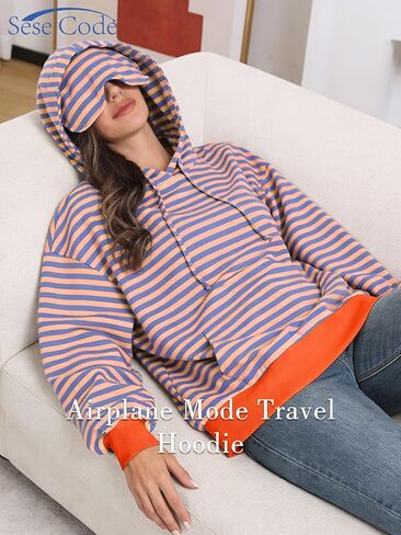 SeSe Code Hoodie With Eye Mask Striped Airplane Travel Womens Mens Oversized Sweatshirt Sleep Pullover Color Block in Saudi Arabia