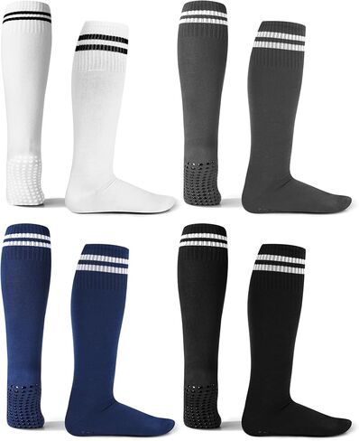 Cuffbow 4 Pairs Knee High Socks with Grips for Men Women Striped Non Slip Grip Socks for Soccer Training Football Workout Yoga Pilates Nursing in Saudi Arabia