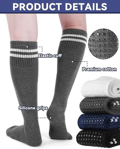 Cuffbow 4 Pairs Knee High Socks with Grips for Men Women Striped Non Slip Grip Socks for Soccer Training Football Workout Yoga Pilates Nursing in Saudi Arabia