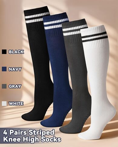 Cuffbow 4 Pairs Knee High Socks with Grips for Men Women Striped Non Slip Grip Socks for Soccer Training Football Workout Yoga Pilates Nursing in Saudi Arabia