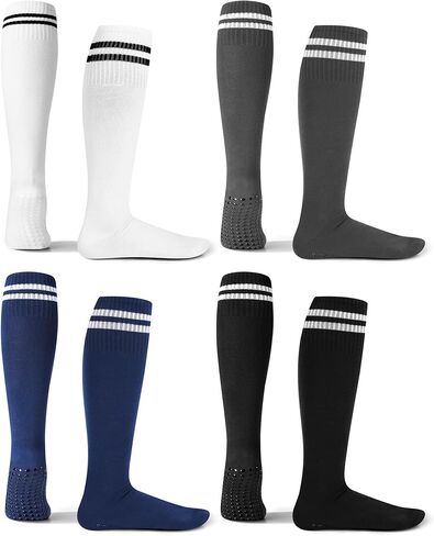 Cuffbow 4 Pairs Knee High Socks with Grips for Men Women Striped Non Slip Grip Socks for Soccer Training Football Workout Yoga Pilates Nursing in Saudi Arabia