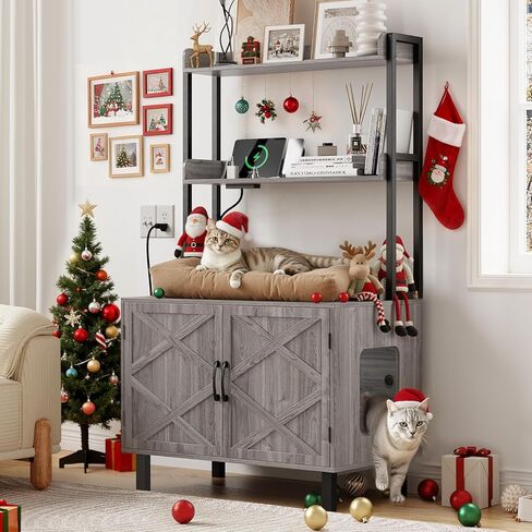 55 بوصة حاوية القمامة القمامة القط ، أثاث صندوق القمامة المخفي مع رفوف تخزين ومآخذ شحن ، منزل قط خشبي ، خزانة داخلية كبيرة لغرفة المعيشة والمدخل ، أبيض in Kuwait