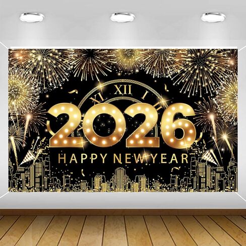 لافتة كبيرة بخلفية سنة جديدة سعيدة، لافتة رأس السنة الجديدة من الذهب الأسود، ديكورات سنة جديدة سعيدة 2025، خلفية ليلة رأس السنة 2025 لمستلزمات حفلات رأس السنة الجديدة 2025 in Kuwait
