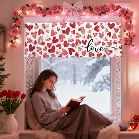 Valentines Day Hearts Valances for Windows 54x18 Inch red Love Curtain Valance for Kitchen Bathroom Bedroom Living Room Decor in Kuwait