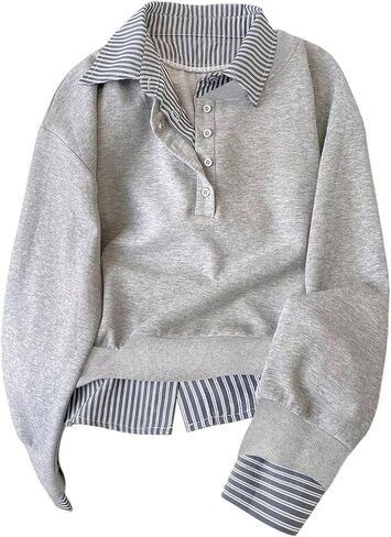 Milumia Women's Striped Button Collared Sweatshirt Oversized Long Sleeve 2 in 1 Pullover Tops in Saudi Arabia
