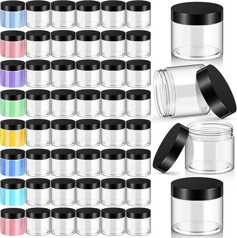 Patelai 48 Pack 1 oz Empty Slime Containers Jars with Black Lids Round Clear Plastic Jars Wide-mouth Refillable Storage Organizers for Slime Making, DIY Crafts, Cosmetic, Home and Kitchen Organizing in Saudi Arabia