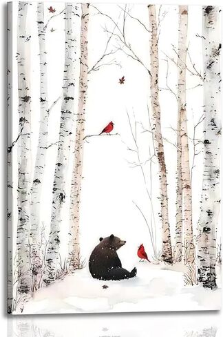 YSDPIC Winter Forest Bear and Cardinal Canvas Wall Art 12x16 Inch, Birch Tree Snow Landscape Poster Painting, Woodland Animal Artwork for Living Room Bedroom Home Decor in Saudi Arabia