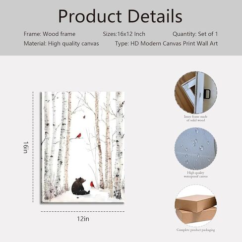 YSDPIC Winter Forest Bear and Cardinal Canvas Wall Art 12x16 Inch, Birch Tree Snow Landscape Poster Painting, Woodland Animal Artwork for Living Room Bedroom Home Decor in Saudi Arabia