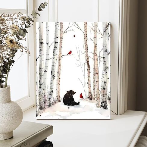 YSDPIC Winter Forest Bear and Cardinal Canvas Wall Art 12x16 Inch, Birch Tree Snow Landscape Poster Painting, Woodland Animal Artwork for Living Room Bedroom Home Decor in Saudi Arabia