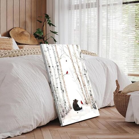 YSDPIC Winter Forest Bear and Cardinal Canvas Wall Art 12x16 Inch, Birch Tree Snow Landscape Poster Painting, Woodland Animal Artwork for Living Room Bedroom Home Decor in Saudi Arabia