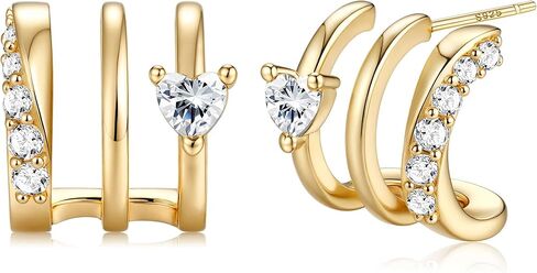 MILACOLATO S925 Sterling Silver Earrings Hypoallergenic 14K Gold Plated Triple Hoop Huggie Illusion Stud Earrings for Women Trendy Multi Hoops Claw Earrings for One Hole Lightweight Jewelry Gift in Saudi Arabia