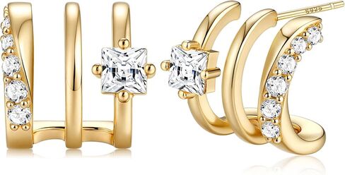 MILACOLATO S925 Sterling Silver Earrings Hypoallergenic 14K Gold Plated Triple Hoop Huggie Illusion Stud Earrings for Women Trendy Multi Hoops Claw Earrings for One Hole Lightweight Jewelry Gift in Saudi Arabia