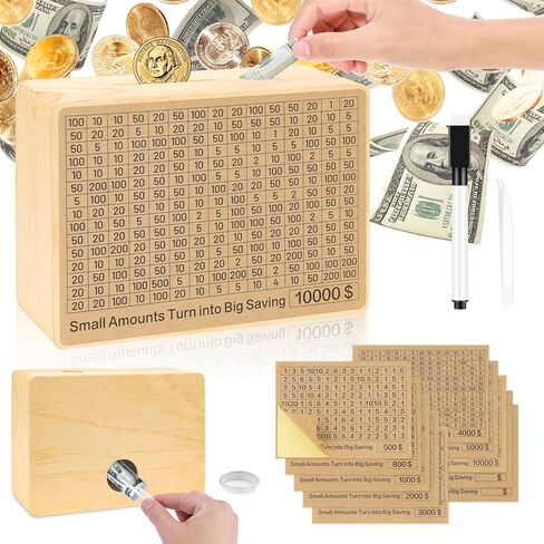 Wooden Money Box Money Bank, Cash Vault Box Money Saving Box with 10,000 Dollars Target, Money Box with Money Target and Numbers to Check for Boys Girls (10000 USD/White) in Saudi Arabia
