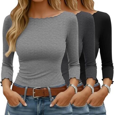تي شيرت Ficerd 3 Pack للسيدات 3/4 كم من الخس، تي شيرت ضيق برقبة قارب، مقاس نحيف، تي شيرت أساسي مناسب غير رسمي in Saudi Arabia