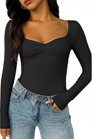 ForeFair Women's Long Sleeve Going Out Tops Pleated Basic T Shirts Cute Sweetheart Neck Y2K Fall Tops in Saudi Arabia